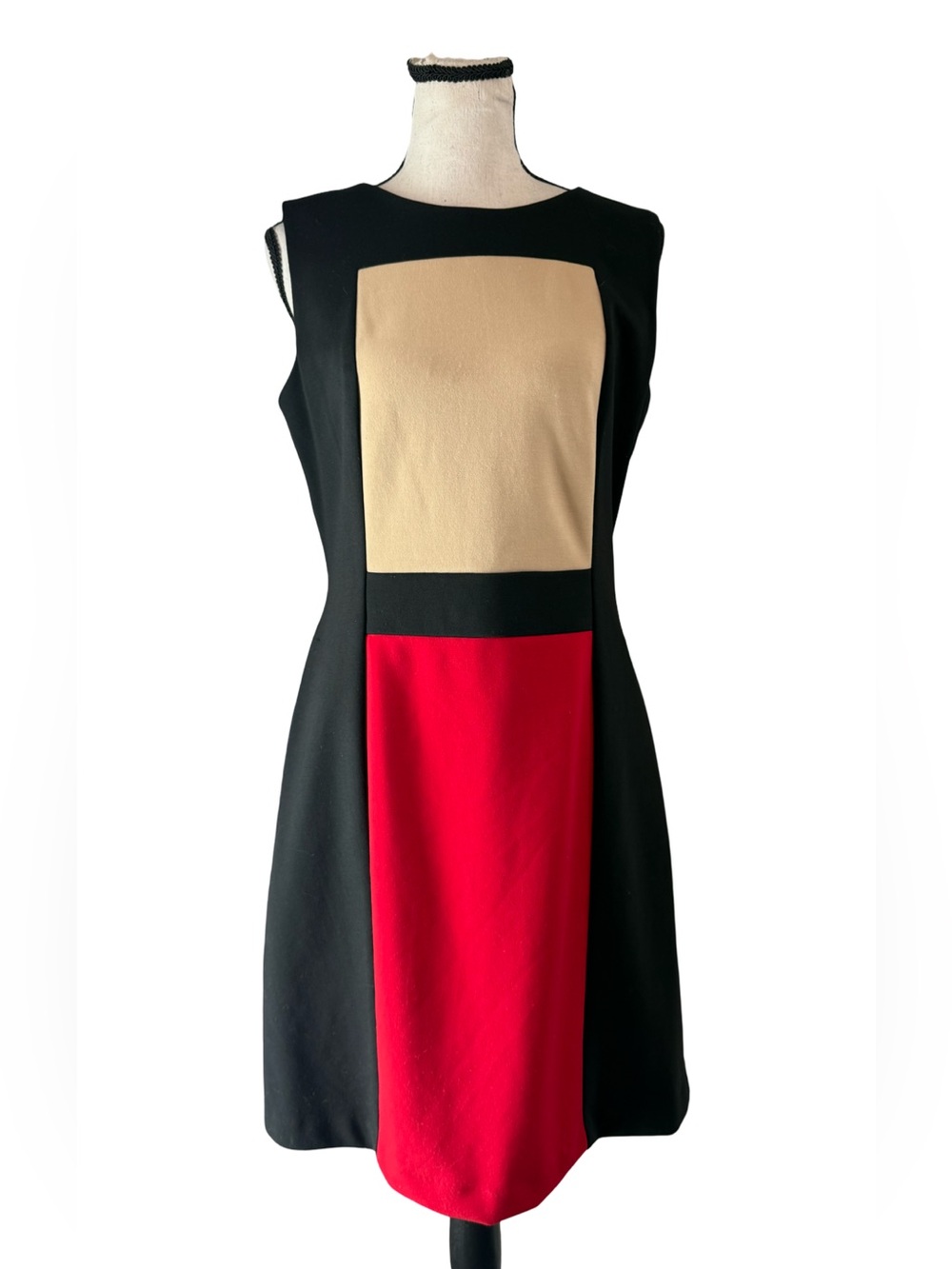 Calvin Klein Dress Sz 10 NWT Color Block Black Red Beige Sheath